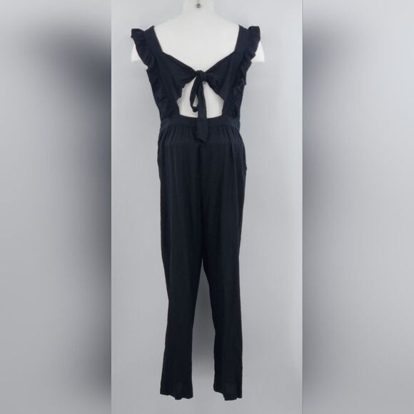 Who What Wear Jumpsuit Womens Size Large Black Ruffle Linen Rayon Summer Resort - Picture 2 of 12